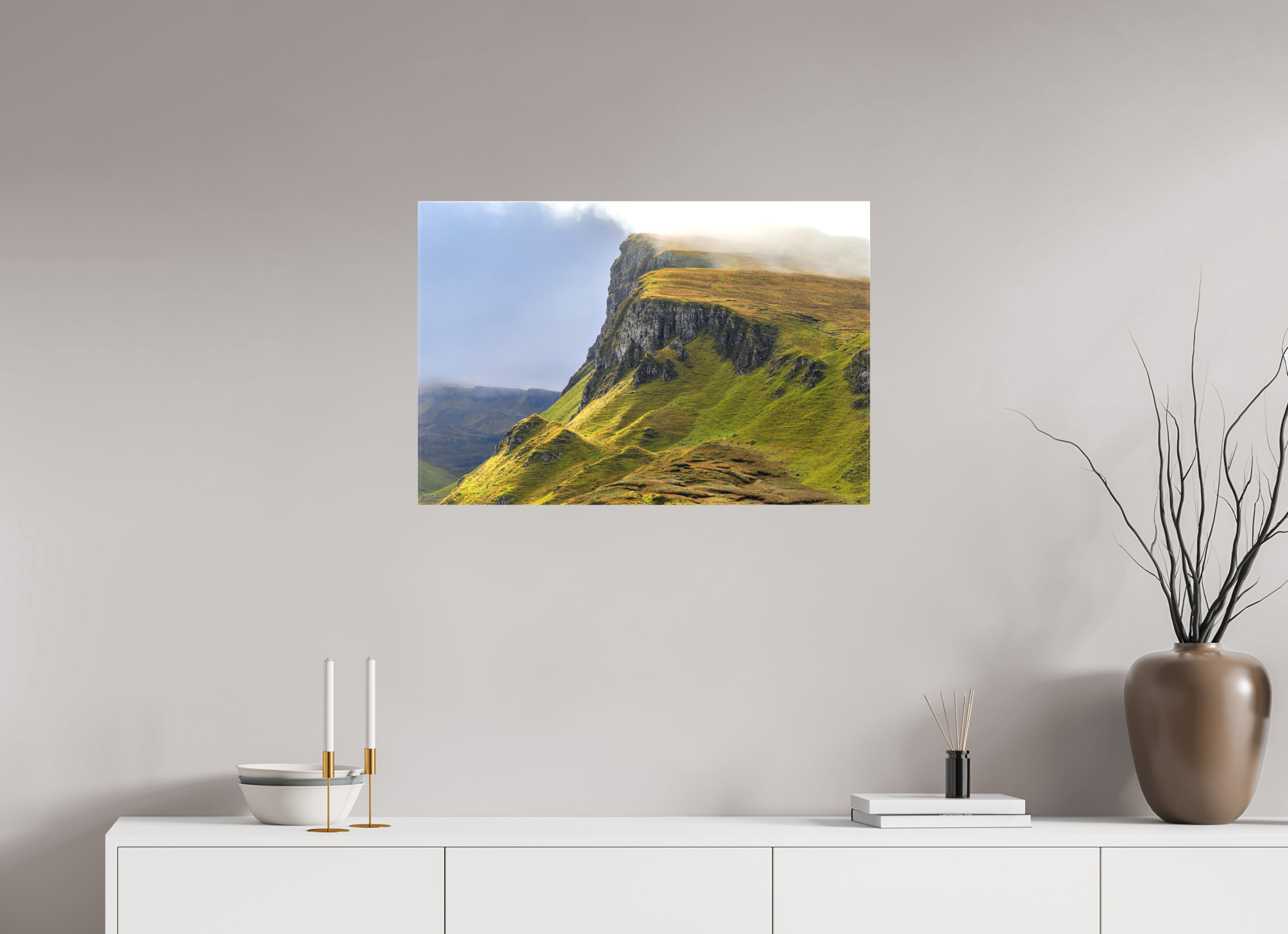 30 x 20″, Matte Canvas with wrapped edges - no frame Rocky cliffs in misty sunshine at The Quiraing on canvas