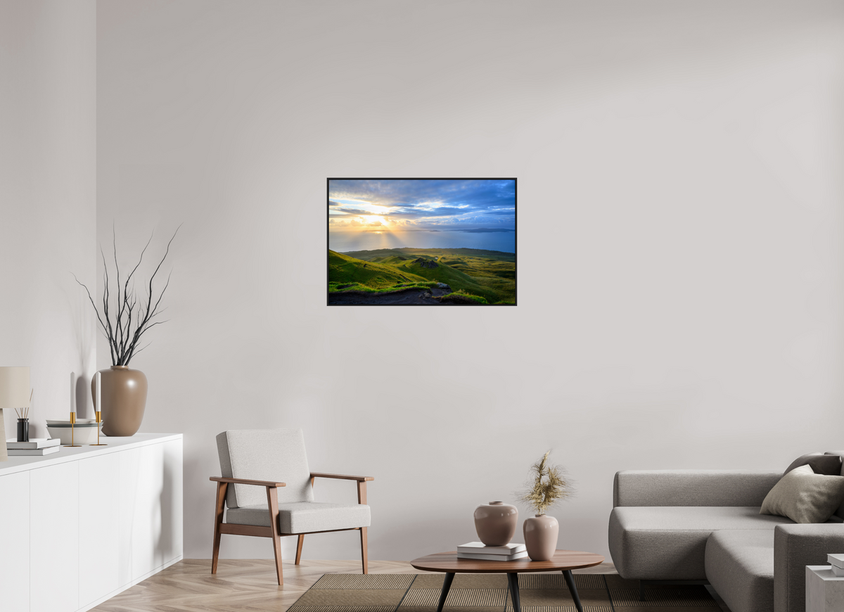 36 x 24″, Acrylic Glass Black matt .24" frame Sunrise over the Sound of Raasay under acrylic glass with black frame