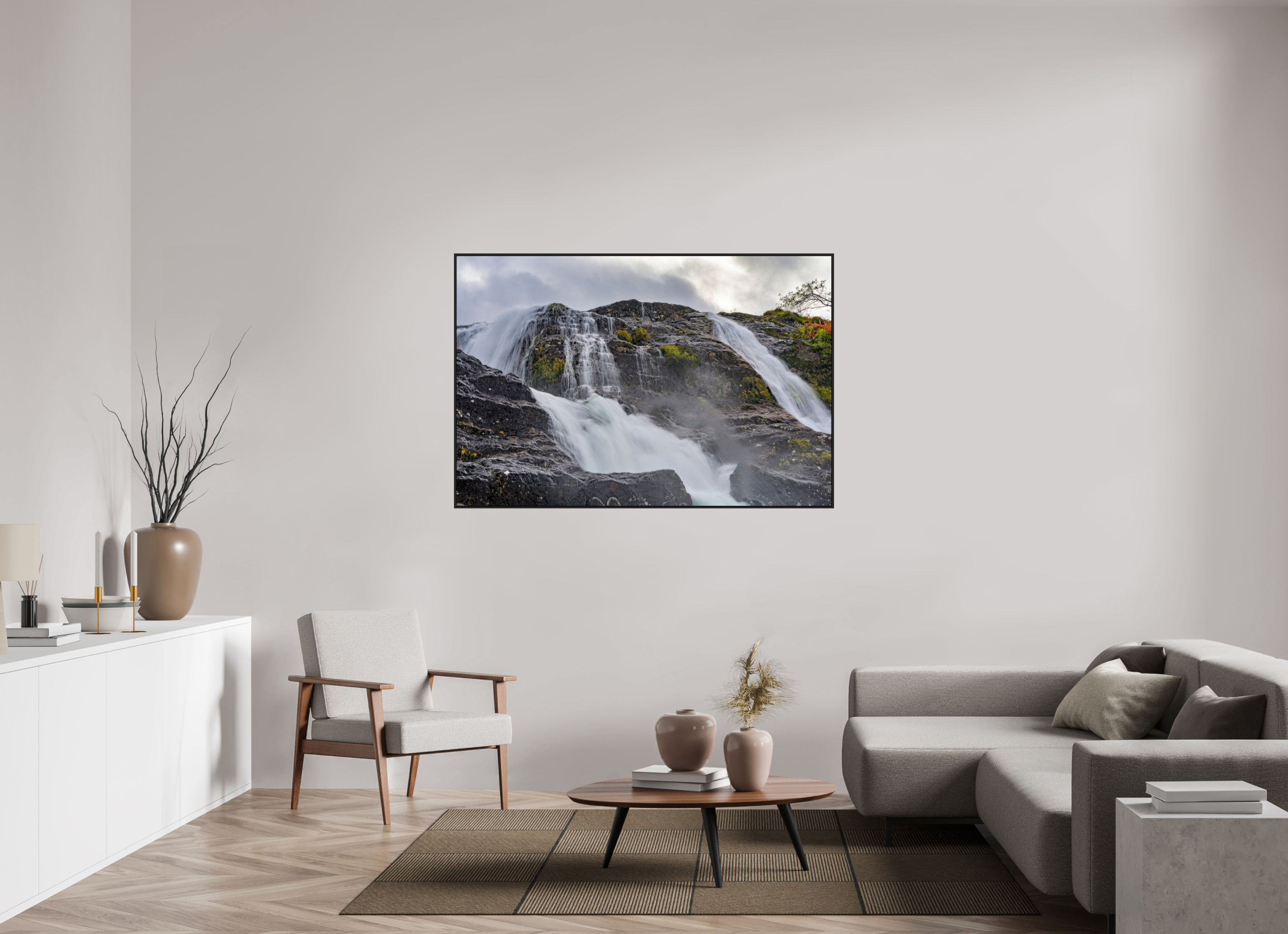 60 x 40″, Acrylic Glass Black matt .24" frame Glencoe Waterfall under acrylic glass with black frame