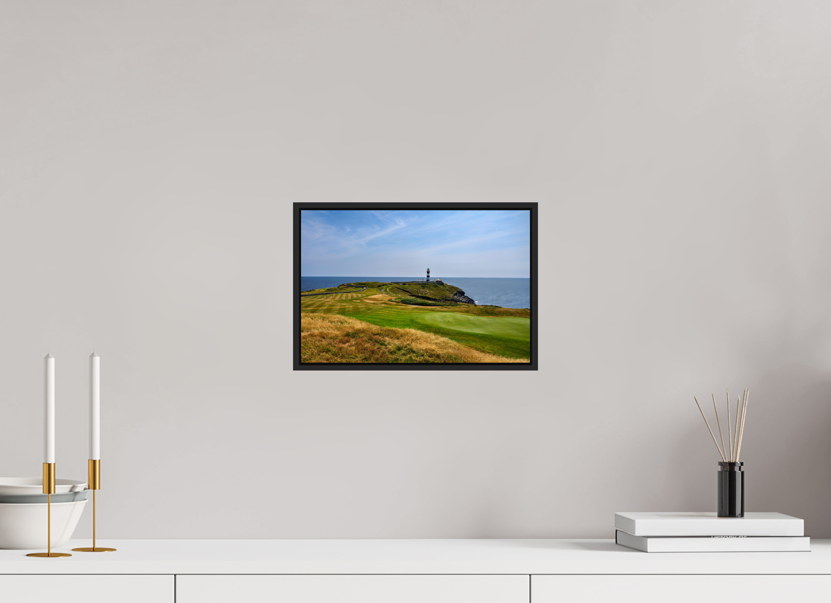 12 x 8″, Acrylic Glass Black matt .24" frame Old Head golf course and lighthouse under acrylic glass in black frame