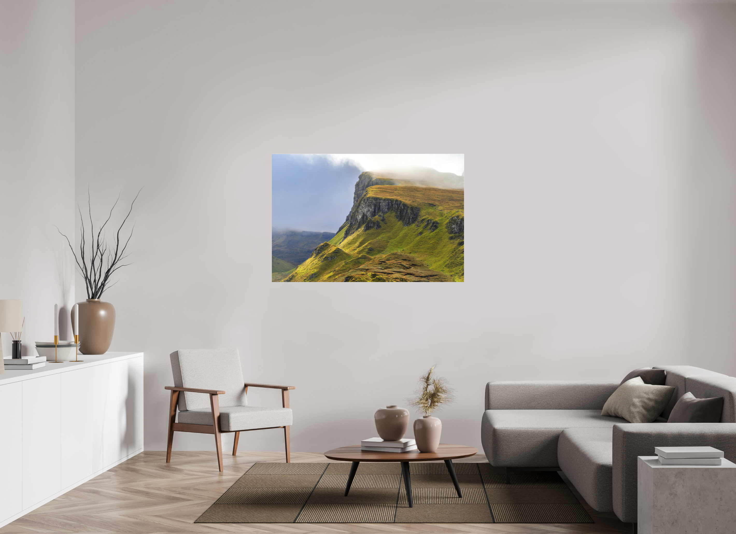 54 x 36″, Matte Acrylic Glass without frame Rocky cliffs in misty sunshine near the Quiraing on Matte Acrylic Glass without frame