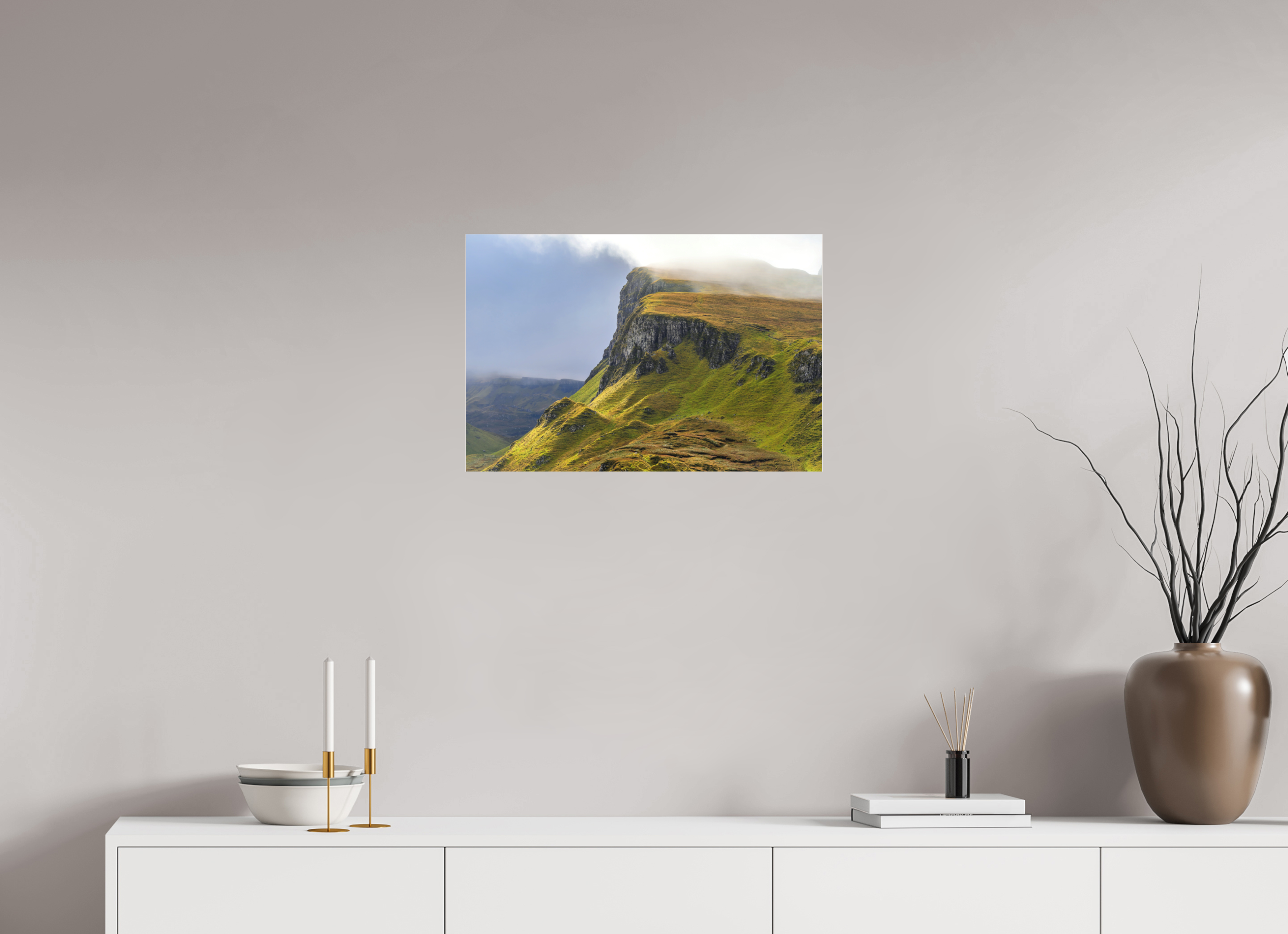 24 x 16″, Matte Acrylic Glass without frame Rocky cliffs in misty sunshine near the Quiraing on Matte Acrylic Glass without frame