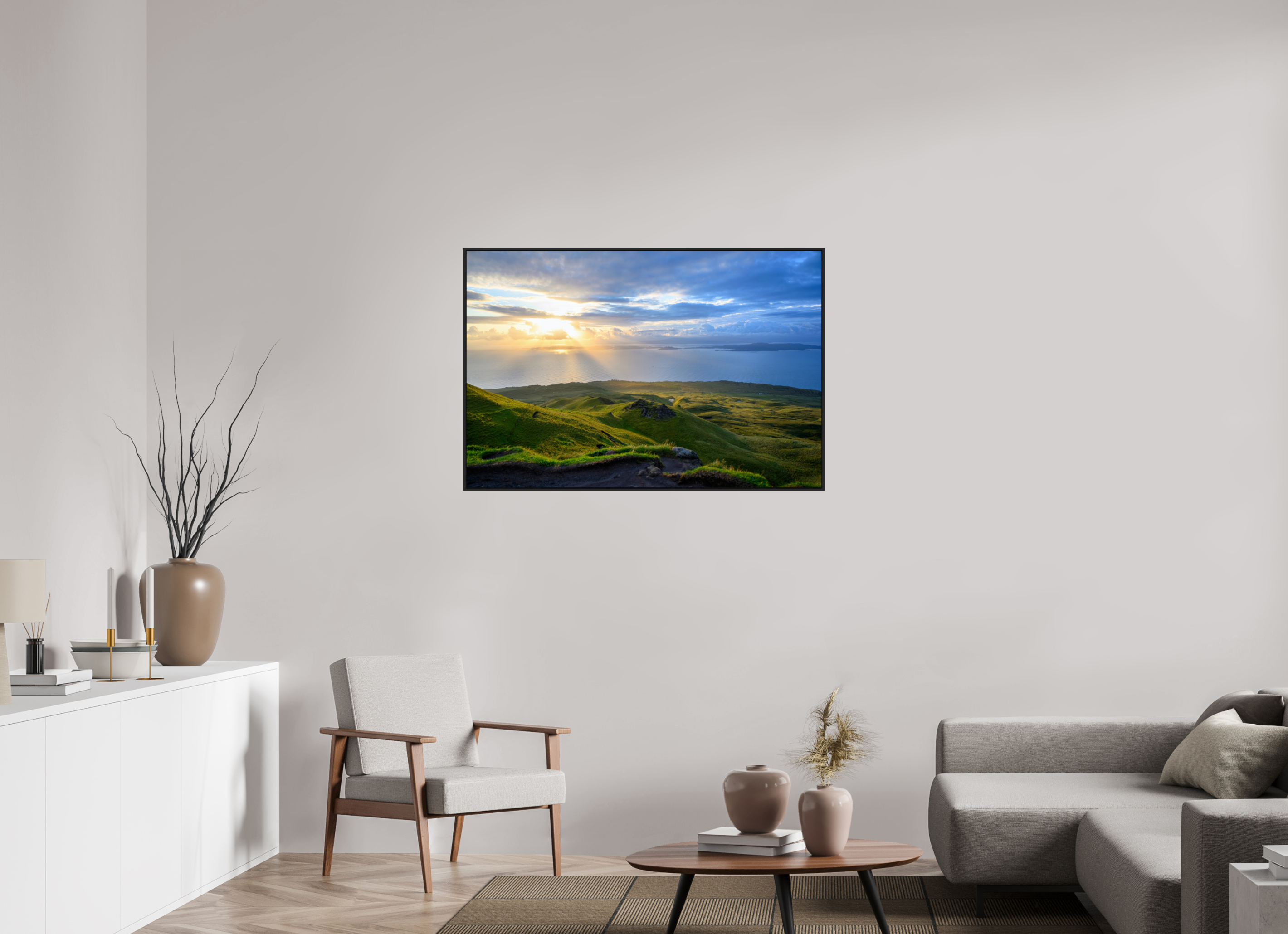 45 x 30″, Acrylic Glass Black matt .24" frame Sunrise over the Sound of Raasay under acrylic glass with black frame