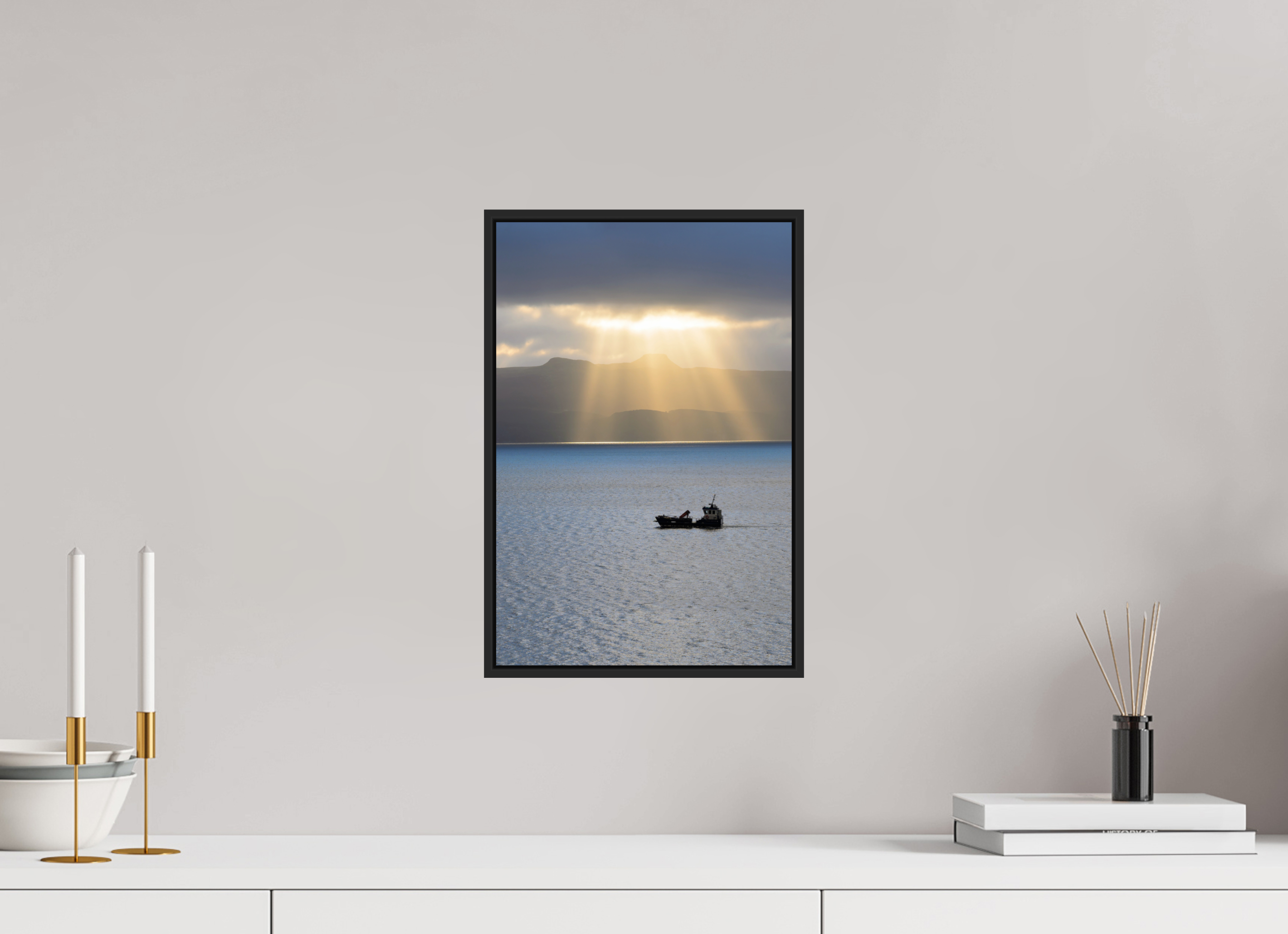 10 x 15″, Acrylic Glass Black Matt .24" frame Morning sunburst on Isle of Skye under acrylic glass with black frame
