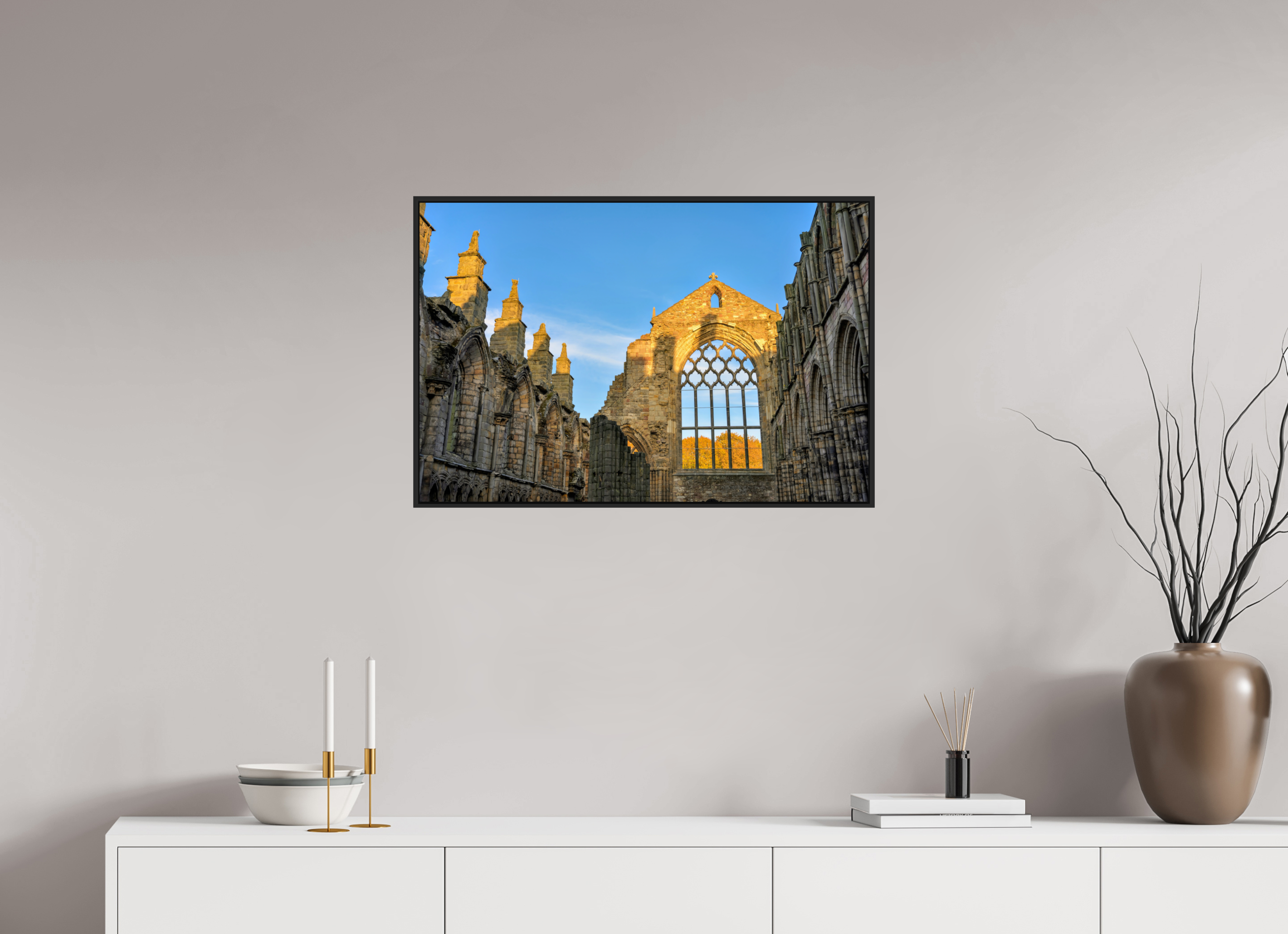 30 x 20″, Acrylic Glass Black matt .24" frame Holyrood Abbey at sunset under acrylic glass with black frame