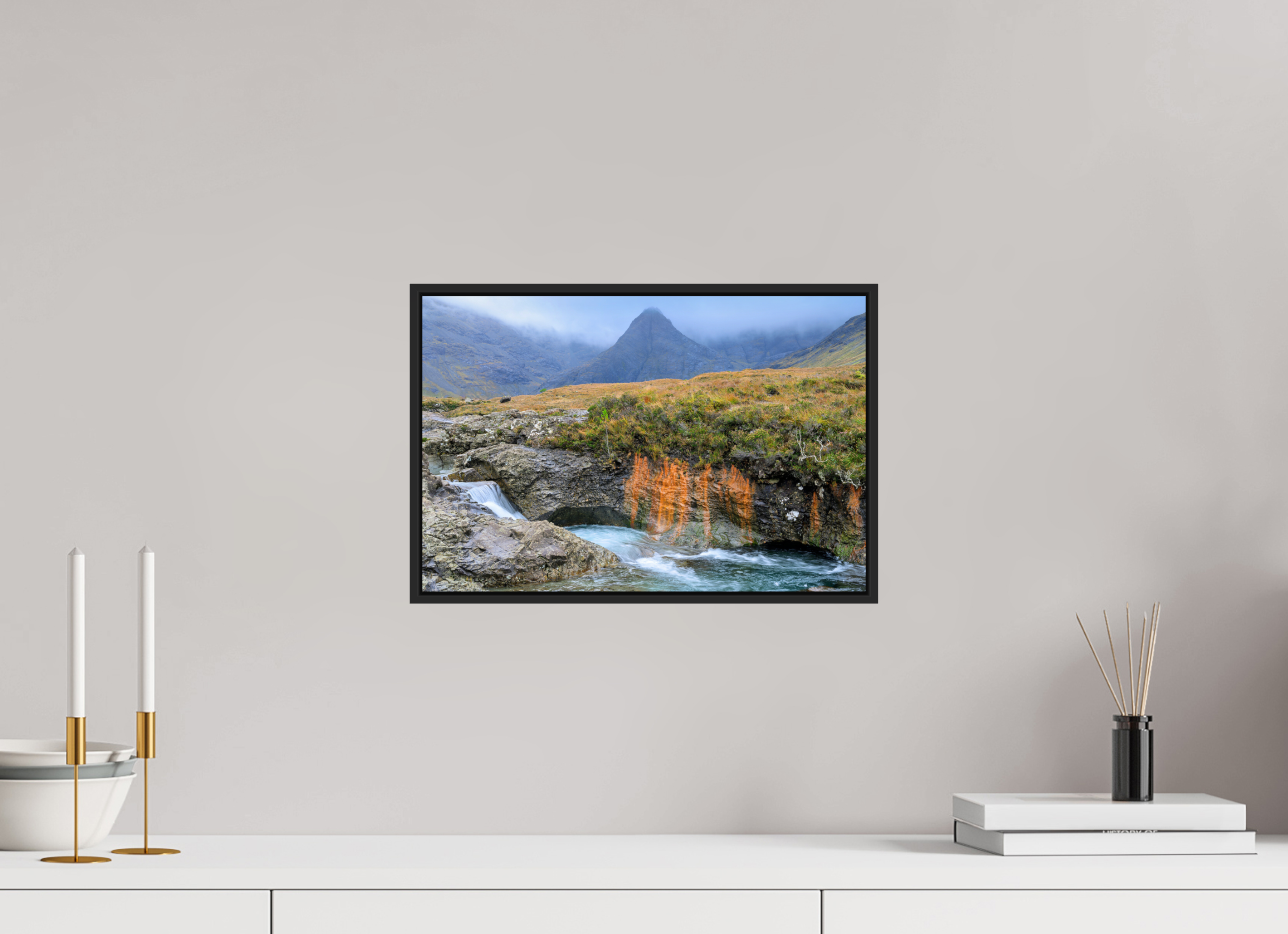 15 x 10″, Acrylic Glass Black matt .24" frame Fairy Pools stream under acrylic glass with black frame