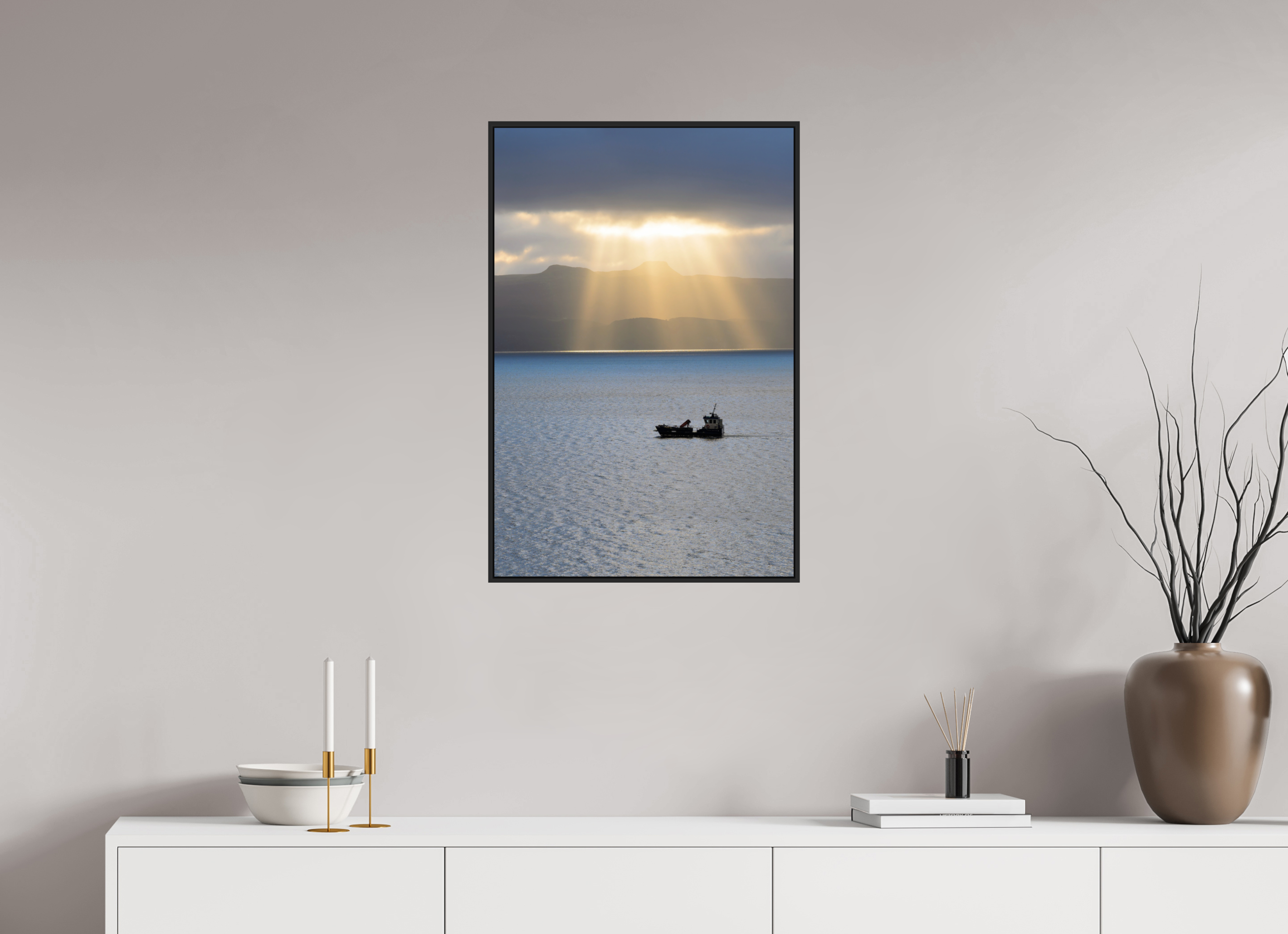 20 x 30″, Acrylic Glass Black Matt .24" frame Morning sunburst on Isle of Skye under acrylic glass with black frame