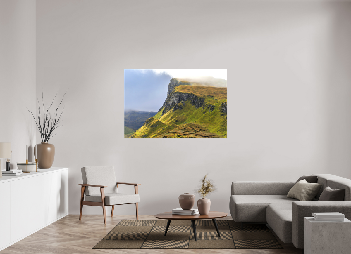 60 x 40″, Matte Canvas with wrapped edges - no frame Rocky cliffs in misty sunshine at The Quiraing on canvas