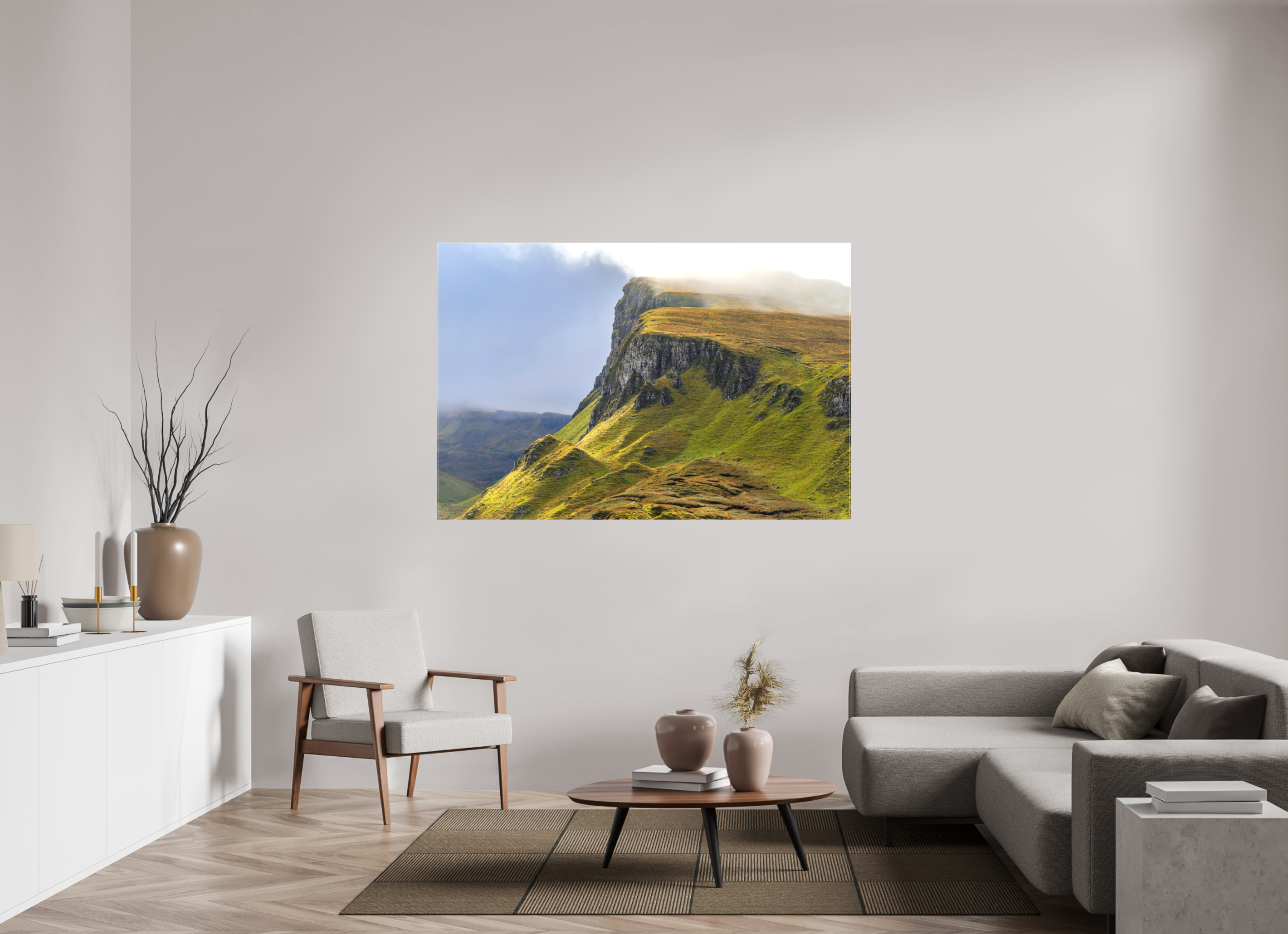 66 x 44″, Matte Canvas with wrapped edges - no frame Rocky cliffs in misty sunshine at The Quiraing on canvas