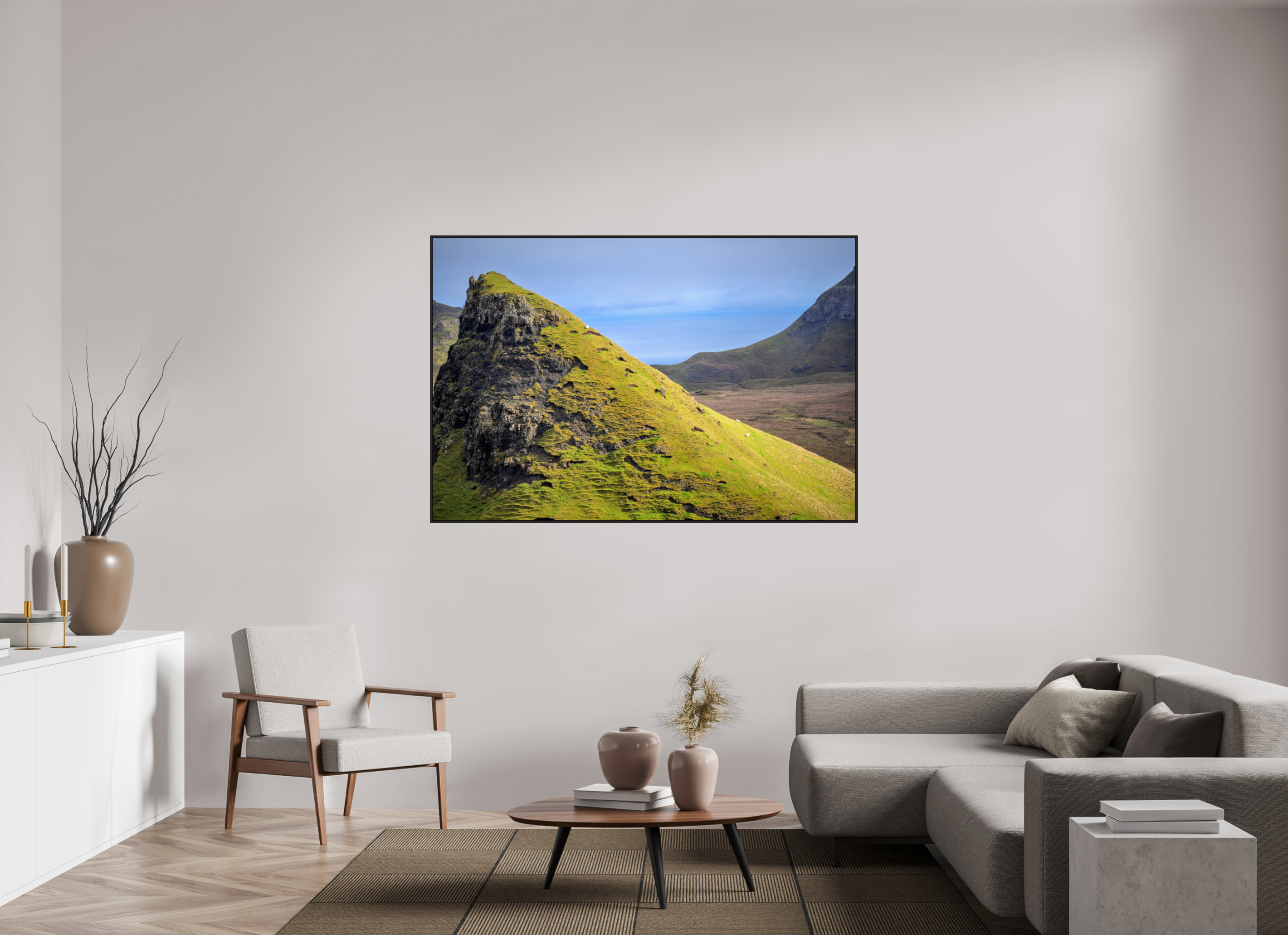 66 x 44″, Acrylic Glass Black matt .24" frame Sheep grazing on slope near Quiraing under acrylic glass with black frame