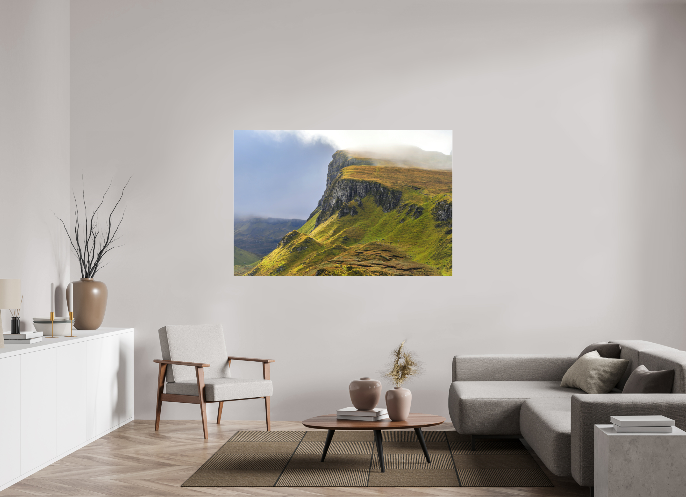 66 x 44″, Matte Acrylic Glass without frame Rocky cliffs in misty sunshine near the Quiraing on Matte Acrylic Glass without frame