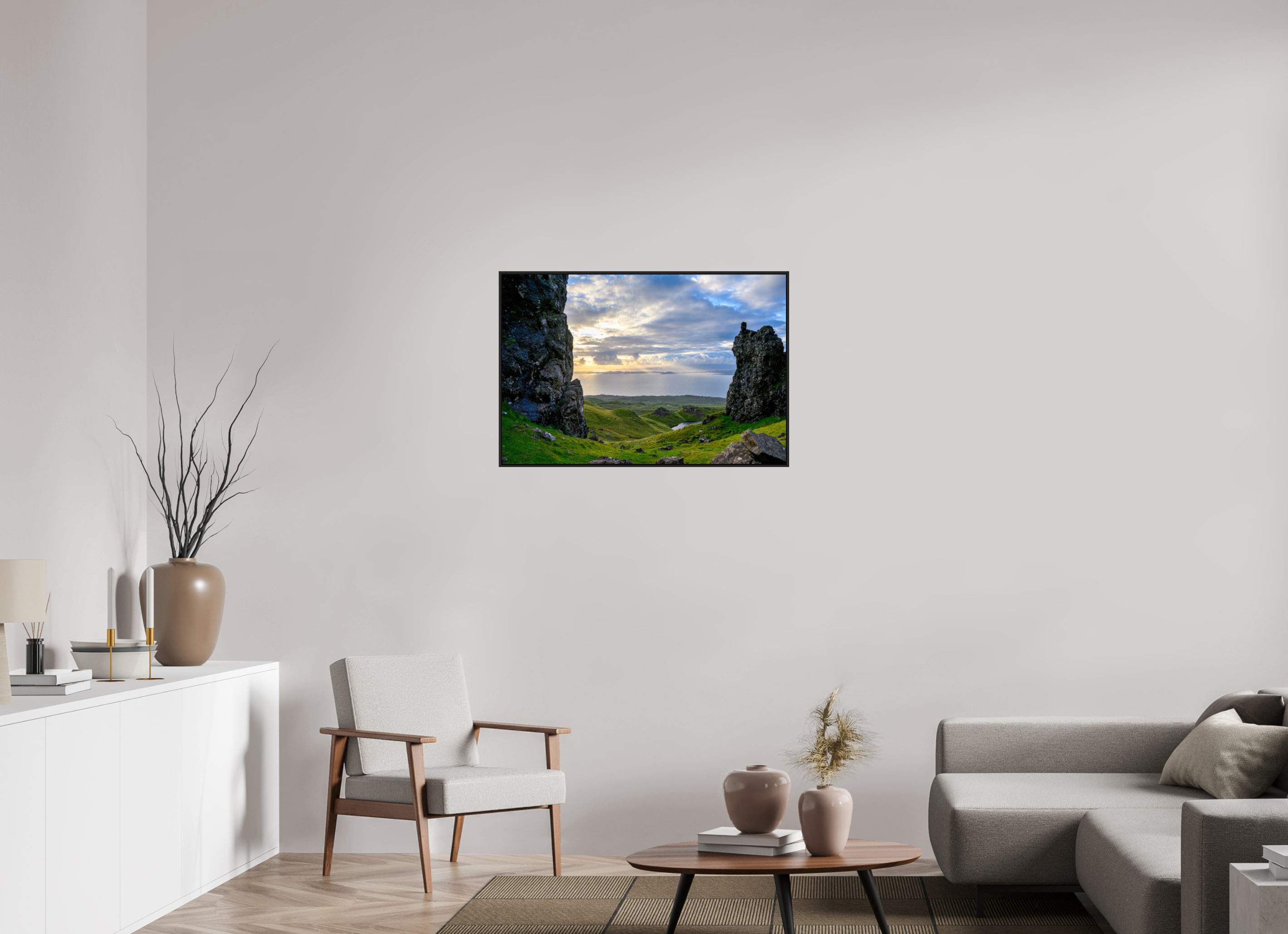 36 x 24″, Acrylic Glass Black matt .24" frame Peering through columns at the Old Man of Storr under acrylic glass with black frame