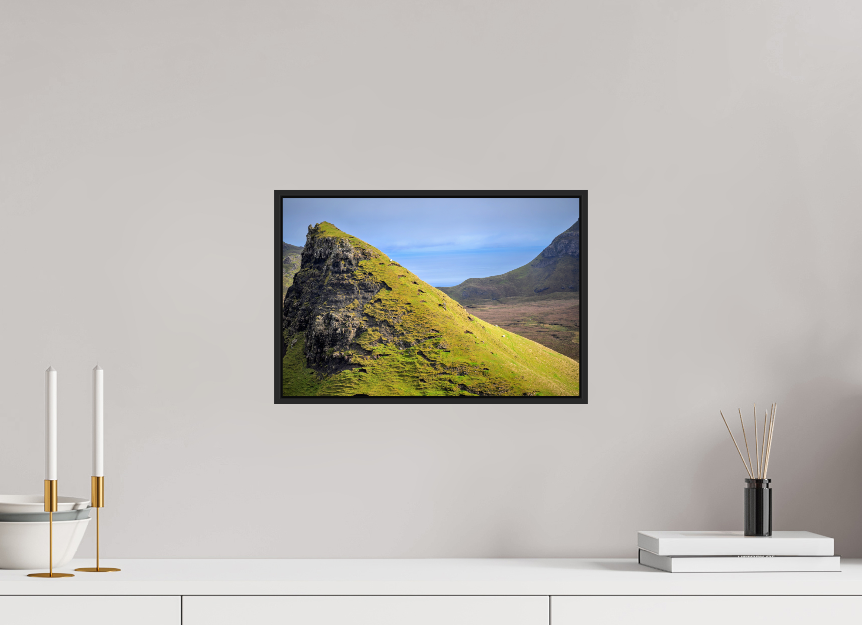 15 x 10″, Acrylic Glass Black matt .24" frame Sheep grazing on slope near Quiraing under acrylic glass with black frame
