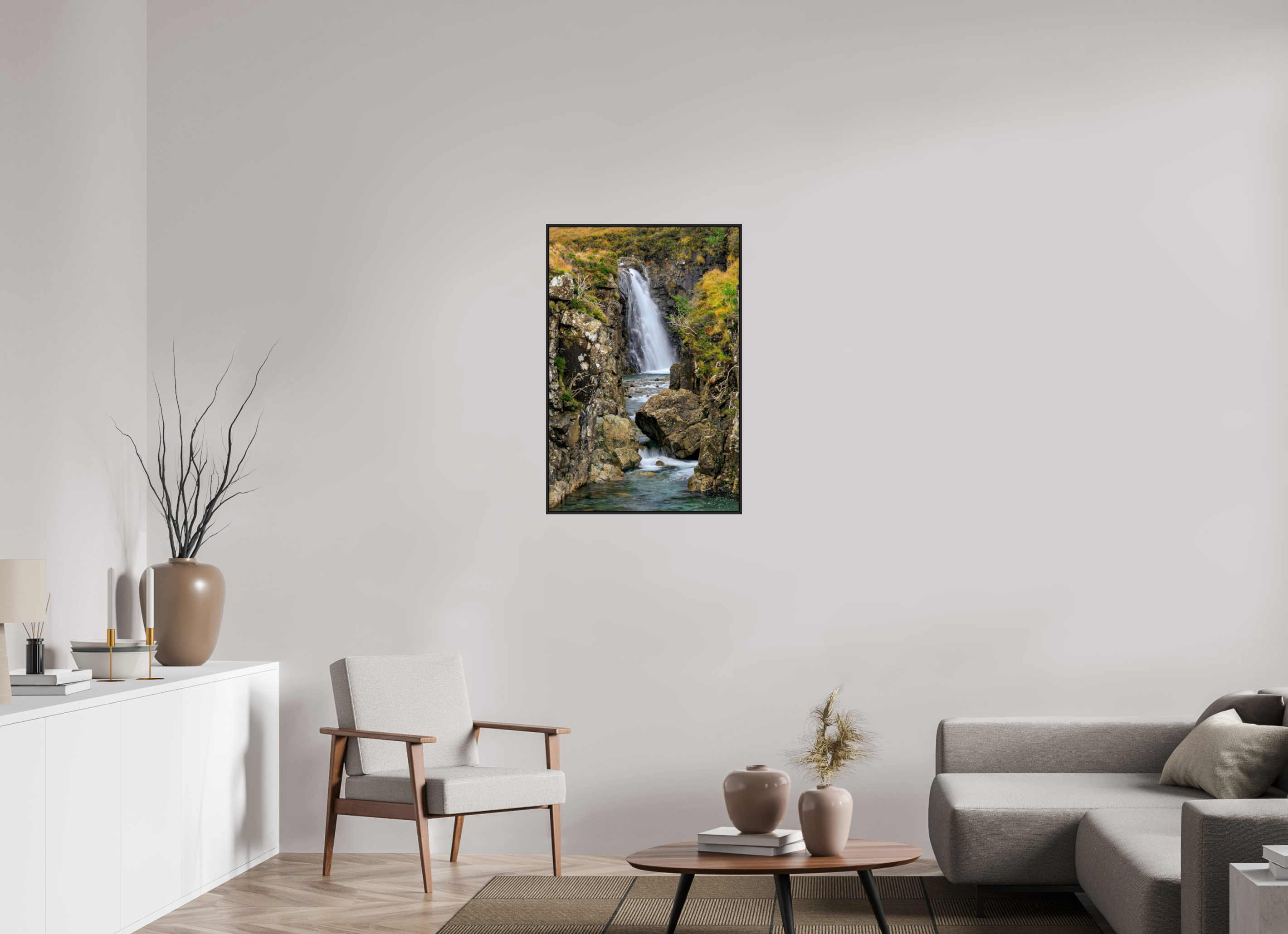 24 x 36″, Acrylic Glass Black matt .24" frame Fairy Pools Waterfall under acrylic glass with black frame