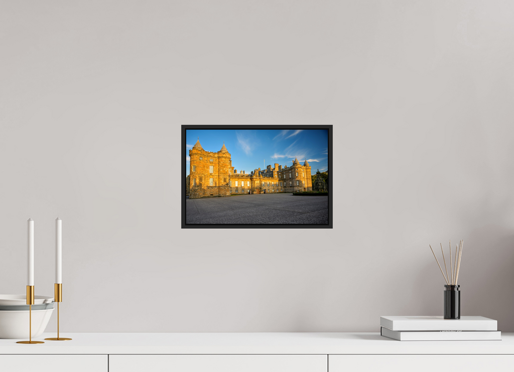 12 x 8″, Acrylic Glass Black matt .24" frame Holyrood Palace at sunset under acrylic glass with black frame