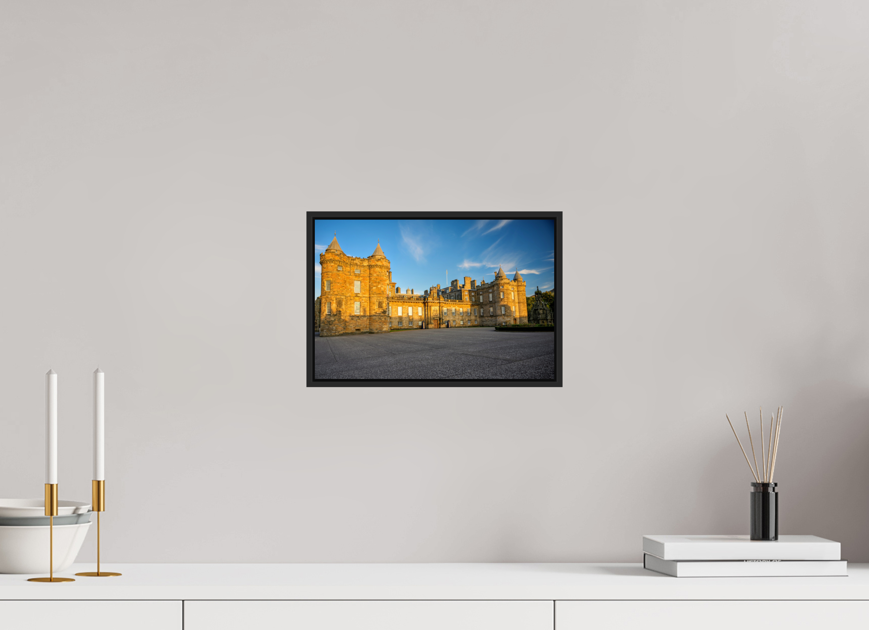 12 x 8″, Acrylic Glass Black matt .24" frame Holyrood Palace at sunset under acrylic glass with black frame