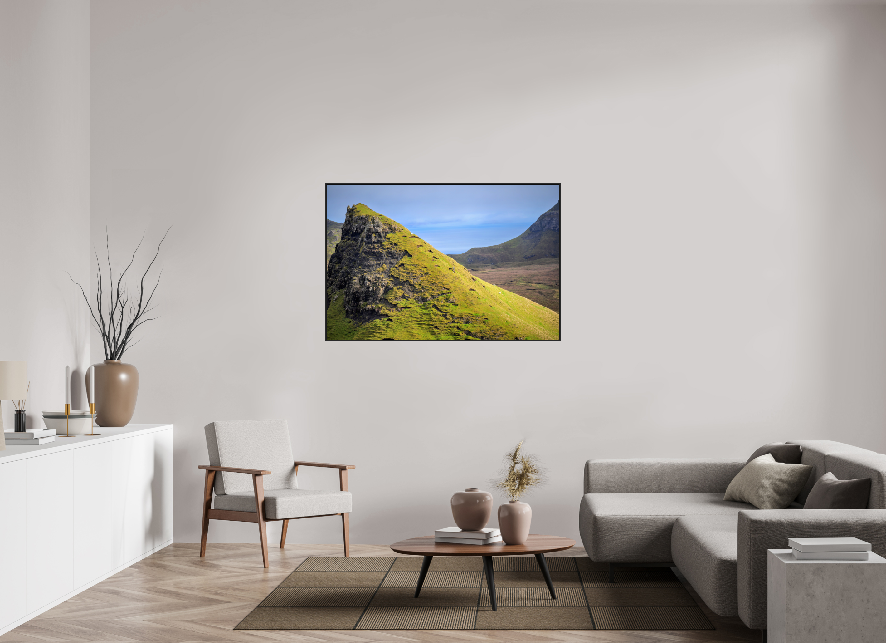 54 x 36″, Acrylic Glass Black matt .24" frame Sheep grazing on slope near Quiraing under acrylic glass with black frame