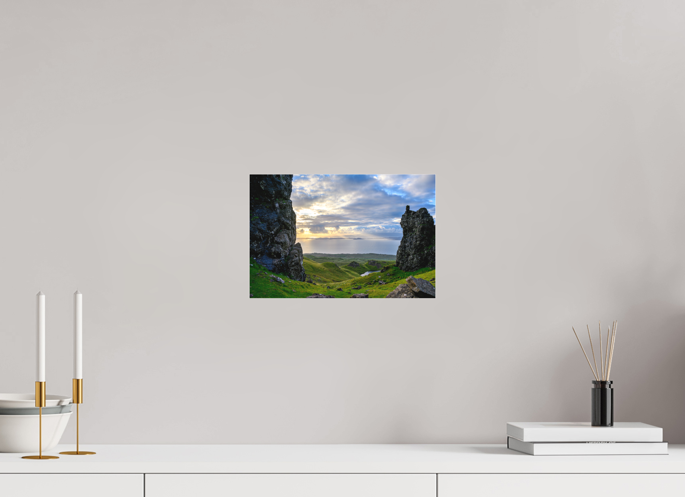 12 x 8″, Matte Acrylic Glass without frame Peering through columns at the Old Man of Storr on Matte Acrylic Glass without frame
