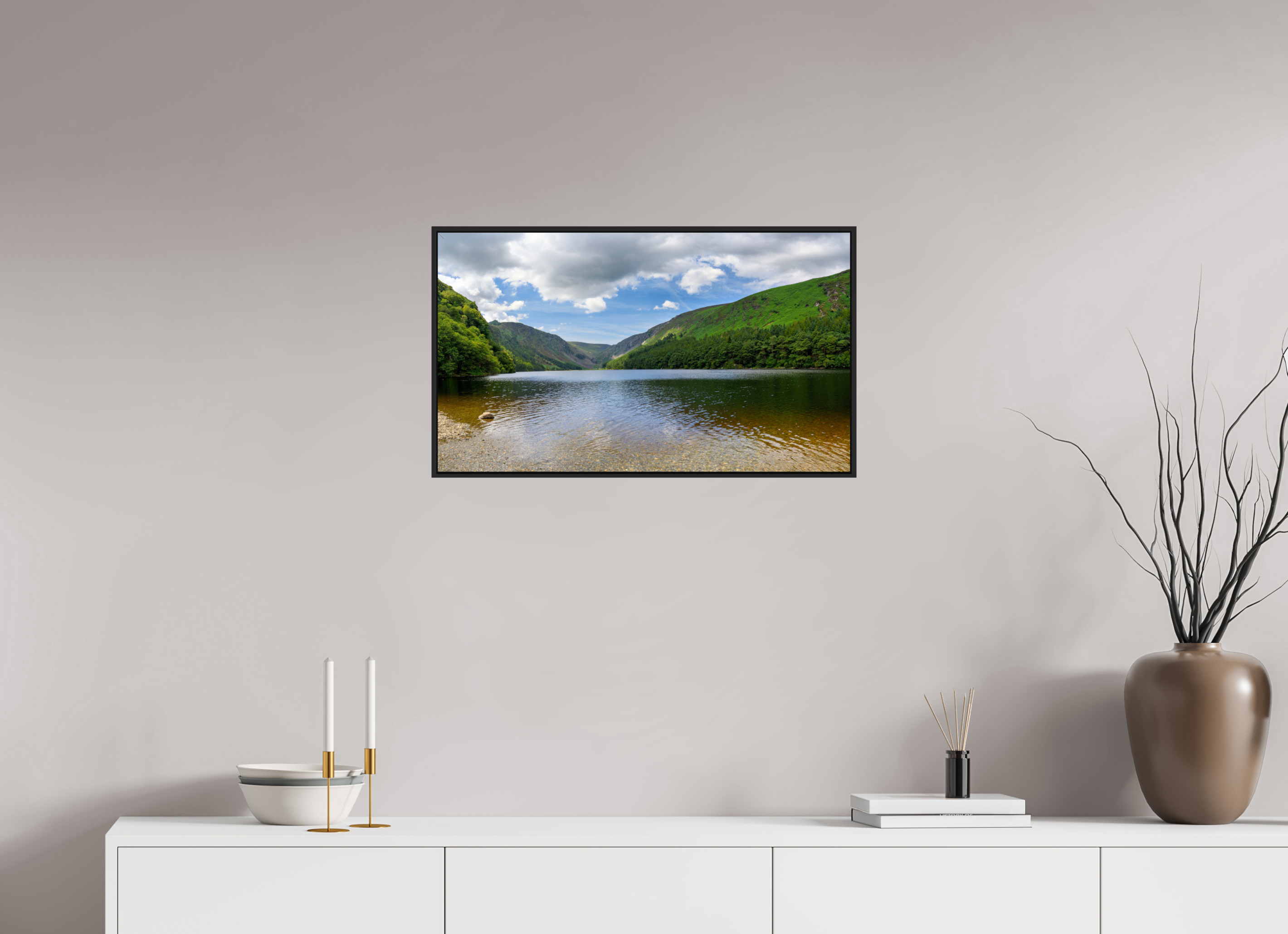 27.6 x 16″, Acrylic Glass Black matt .24" frame Upper Lake at Glendalough under acrylic glass with black frame