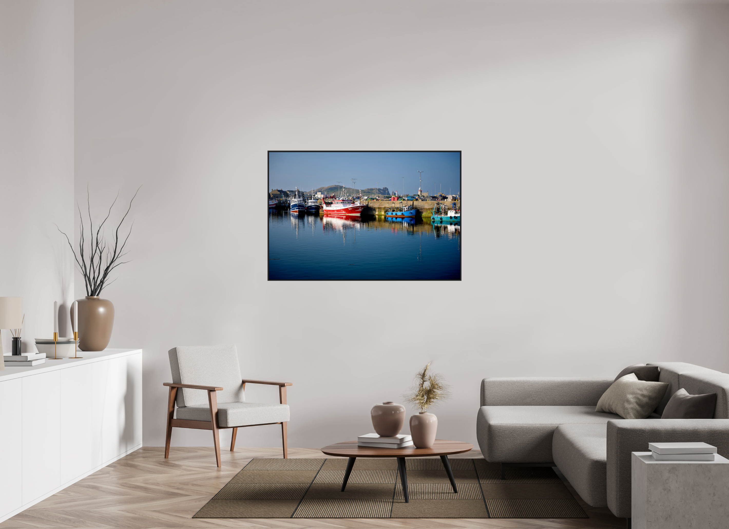 54 x 36″, Acrylic Glass Black matt .24" frame Fishing vessels at Howth Harbour Middle Pier under acrylic glass with black frame