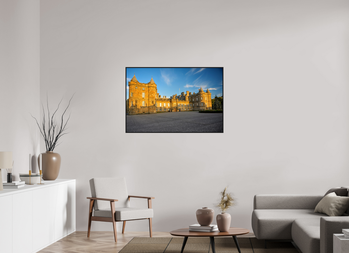 45 x 30″, Acrylic Glass Black matt .24" frame Holyrood Palace at sunset under acrylic glass with black frame