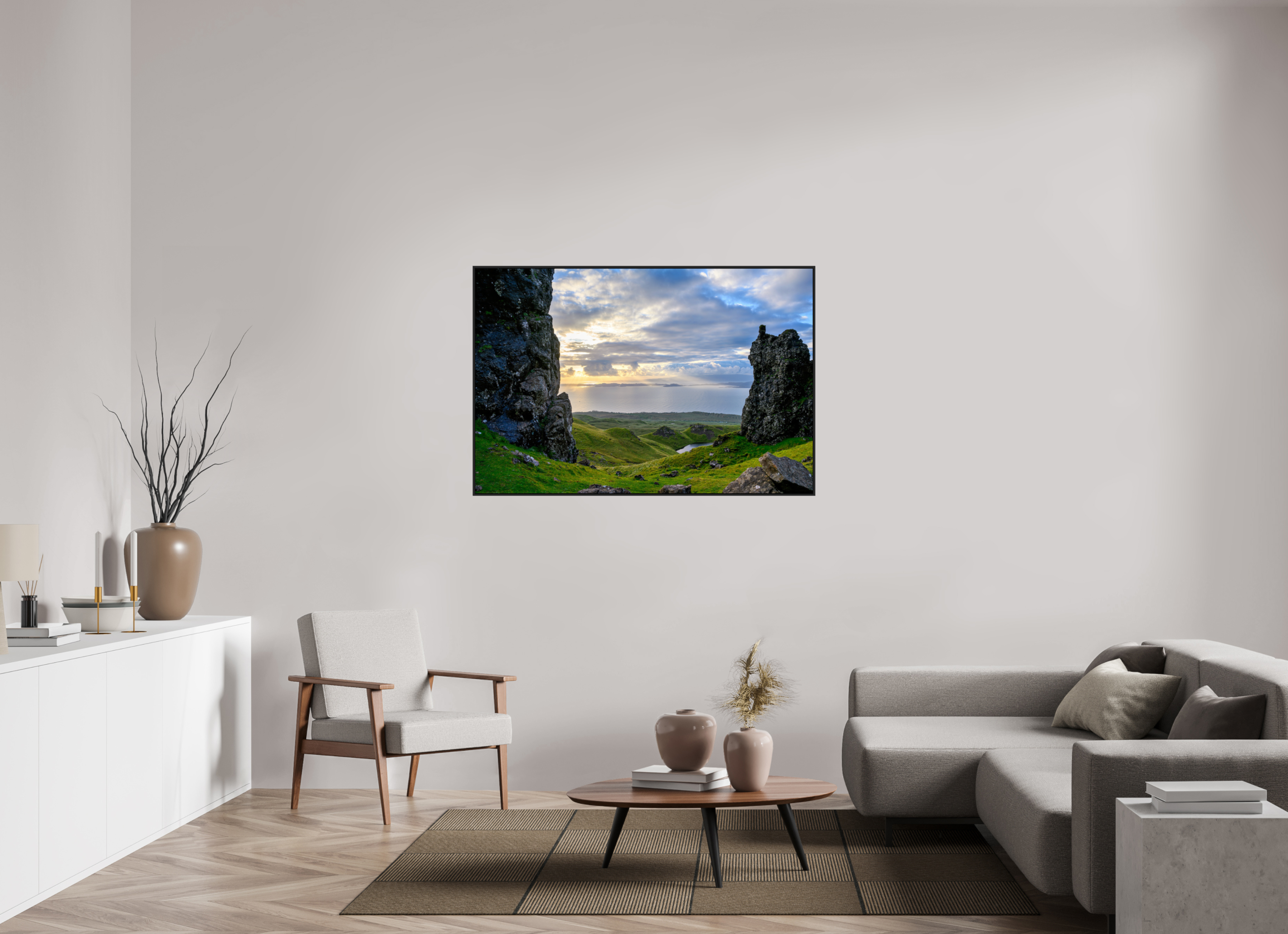54 x 36″, Acrylic Glass Black matt .24" frame Peering through columns at the Old Man of Storr under acrylic glass with black frame