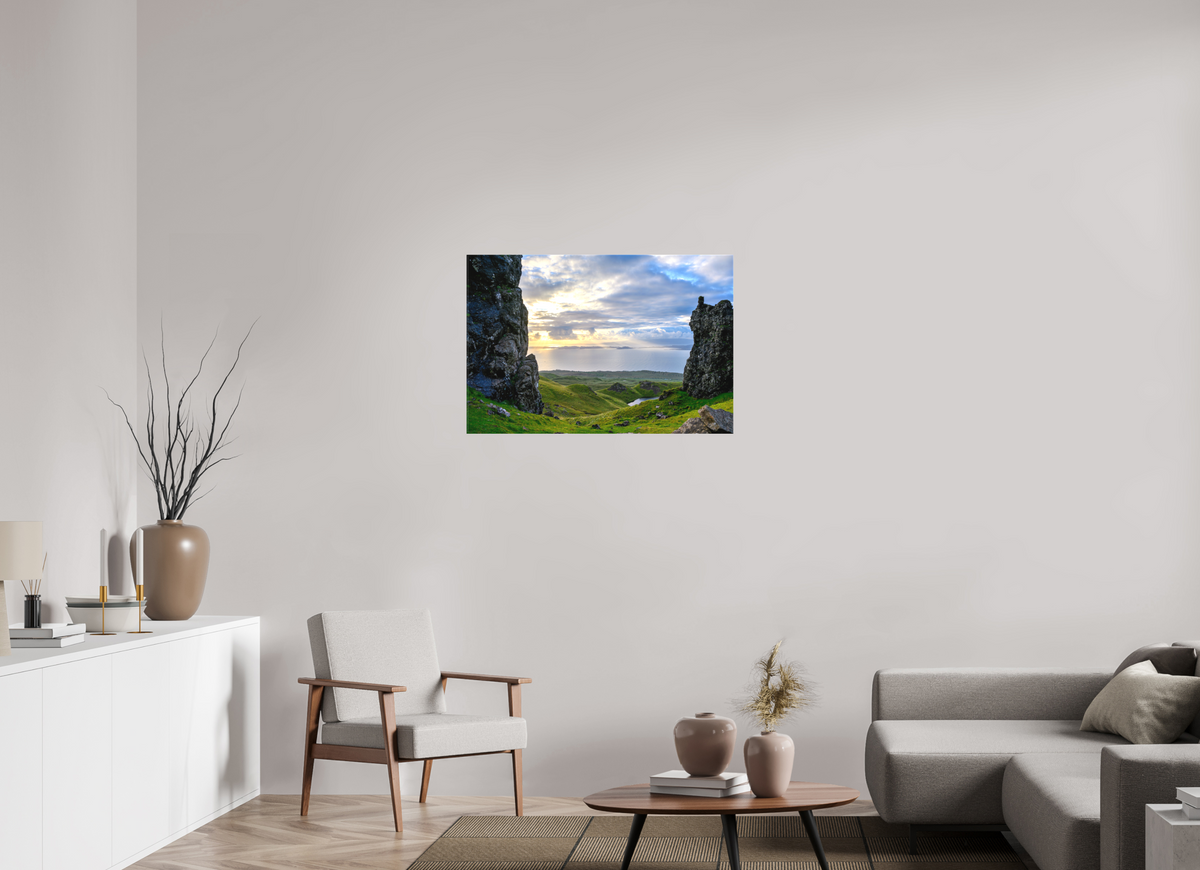 36 x 24″, Matte Canvas with wrapped edges - no frame Peering through columns at the Old Man of Storr on canvas
