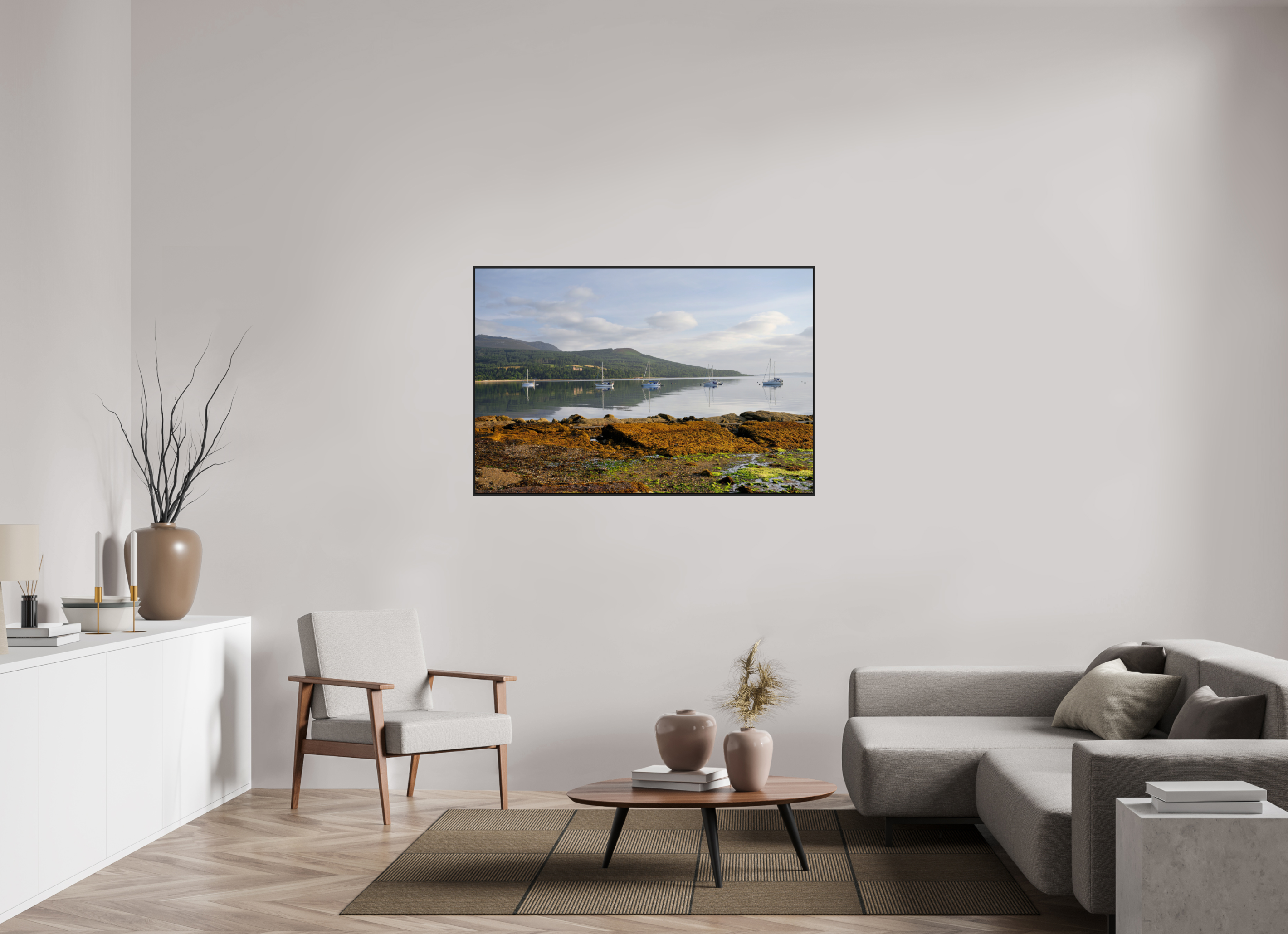 54 x 36″, Acrylic Glass Black matt .24" frame Brodick Bay at sunrise under acrylic glass with black frame