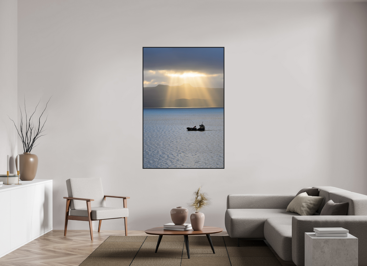 44 x 66″, Acrylic Glass Black Matt .24" frame Morning sunburst on Isle of Skye under acrylic glass with black frame