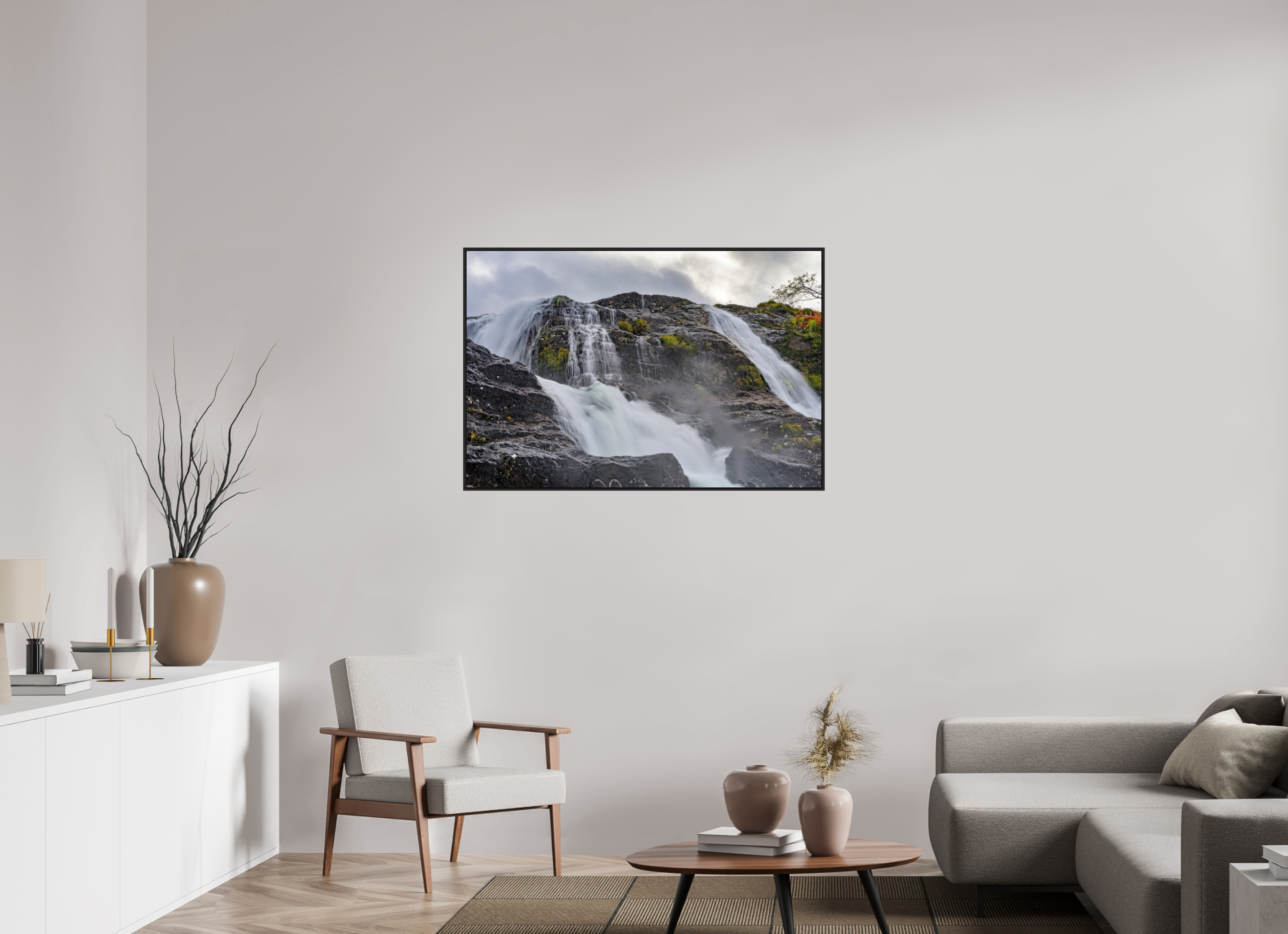 45 x 30″, Acrylic Glass Black matt .24" frame Glencoe Waterfall under acrylic glass with black frame